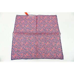 Isaia Cotton Linen Blend Blue Cherry Red Floral Leaflet Pocket Square NEW